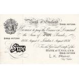 O'Brien 5 Pounds dated 1st August 1956, final year of issue of white notes, serial D56A 067286, a