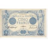 France 5 Francs dated 1913, serial L.3443 825, (Pick70) one set of staple holes otherwise EF+ and