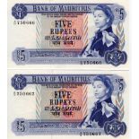 Mauritius 5 Rupees (2) issued 1967, rarer first signature and a consecutively numbered pair serial