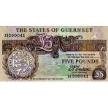 Guernsey 5 Pounds issued 1990 - 1995, signed D.P. Trestain, split prefix VERY LOW serial H500041 (