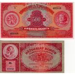 Czechoslovakia (2), 500 Korun and 50 Korun dated 1929, a pair of SPECIMEN notes, serial D 055918 &