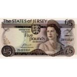 Jersey 5 Pounds issued 1976 - 1988, signed J. Clennett, scarce REPLACEMENT note serial ZB 003397 (