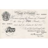 Peppiatt 5 Pounds dated 16th January 1945, serial H17 059624, London issue on thick paper (B255,