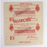 Bradbury 10 Shillings (2), an uncut sheet of 2 FORGED notes, uniface examples with 'FORGED'