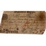 Stafford Bank 5 Pounds dated 1823 for Birch, Yates & Co., serial No. 1601 (Outing2026b) pinholes,