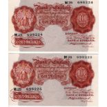 Catterns 10 Shillings (2) issued 1930, a consecutively numbered pair, serial M28 698224 & M28 698225