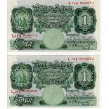 Peppiatt 1 Pound (2) issued 1934, LAST SERIES and a rare consecutively numbered pair, serial L14A