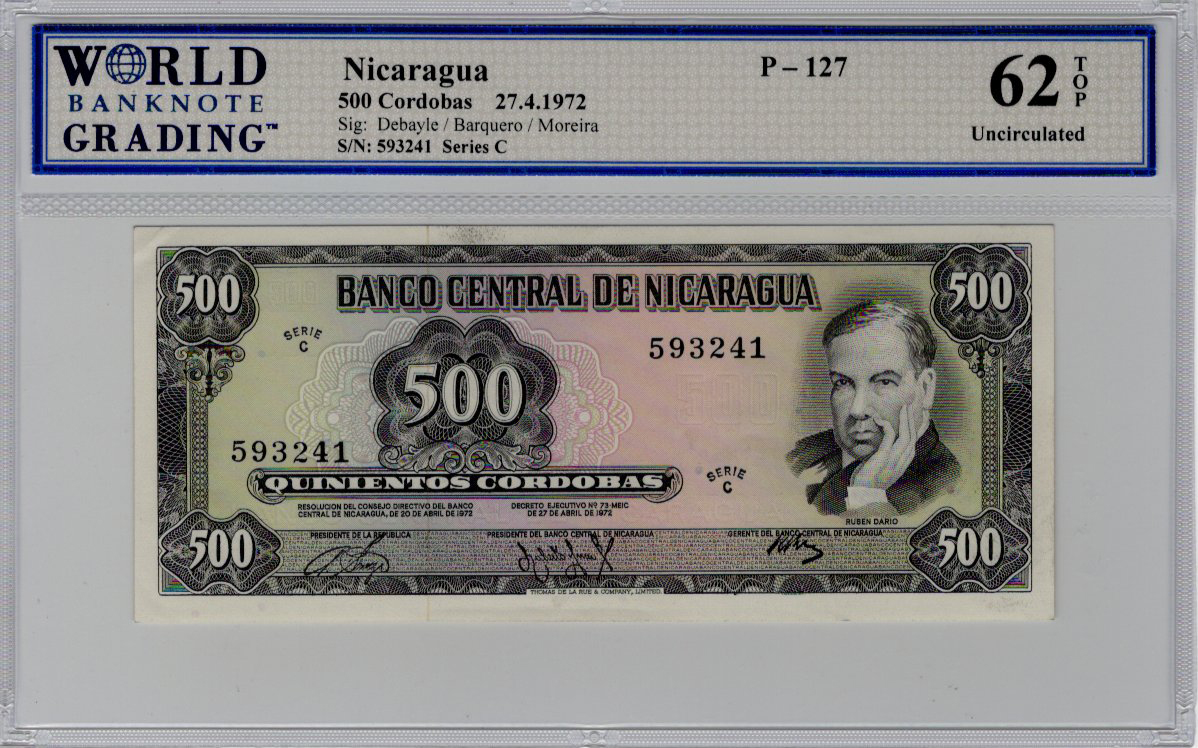 Nicaragua 500 Cordobas dated 27th April 1972, series C, serial 593241 (TBB B421a, Pick127), in WBG