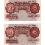 Peppiatt 10 Shillings (2) issued 1948, a scarce consecutively numbered pair, serial 25J 084074 & 25J