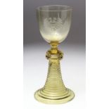 Austrian Bohemian yellow glass goblet, circa 19th Century, etched phoenix crest, height 17.5cm