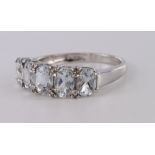 9ct white gold aquamarine five stone ring with diamond accents, finger size O, weight 2.8g