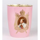 King Edward VIII pink-ground bone china beaker, by Royal Doulton, gilt decorated with portrait of