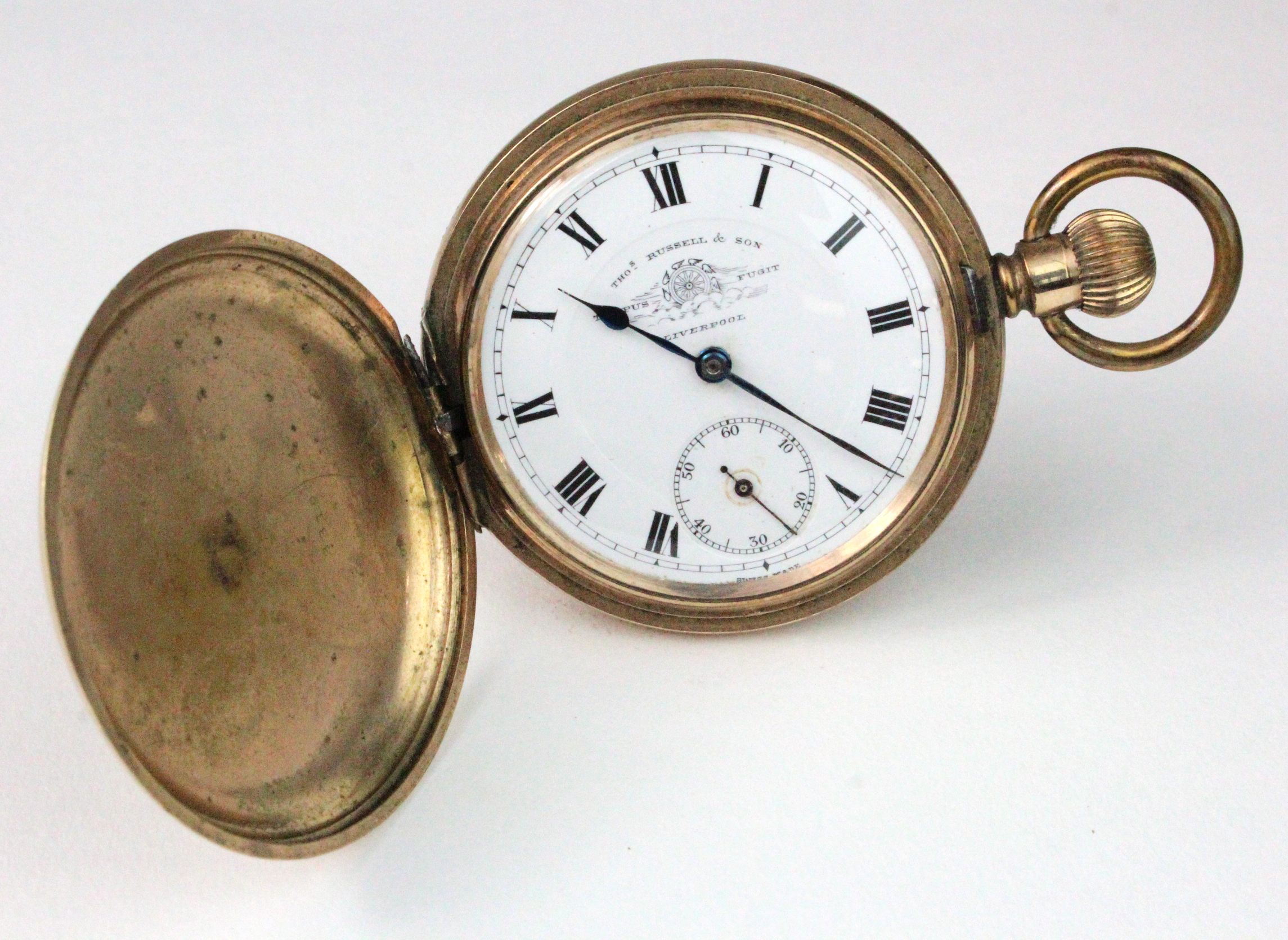 Gold plated full hunter pocket watch, by Thomas Russell & Son, front hingle a little weak,