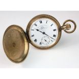 Gold plated full hunter pocket watch, by Thomas Russell & Son, front hingle a little weak,