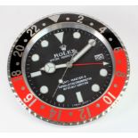 Advertising Wall Clock. Black, red & chrome 'Rolex' advertising wall clock, black dial reads '