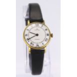 Ladies gold plated Jaquet Droz manual wind wrist watch on black leather strap, white dial black with