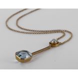 375 stamped Gold 16 inch Chain with integral Pearl and Aquamarine Drop Pendant weight 3.4g