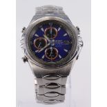 Gents Seiko stainless steel cased chronograph wristwatch. The blue dial with three black