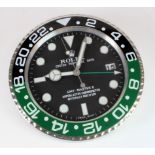 Advertising Wall Clock. Black, green & chrome 'Rolex' advertising wall clock, black dial reads '