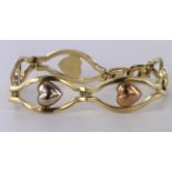 Yellow metal (tests 9ct Gold) 2 coloured Heart Bracelet weight 15.2g