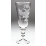 Russian interest. Tall slender glass with two knops to stem, with engraved frosted decoration to