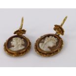 Tests as 18ct yellow gold oval cameo drop earrings with floral decoration, weight 4.6g