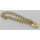 9ct yellow gold solid charm bracelet with engraved heart padlock clasp, weight 28.0g