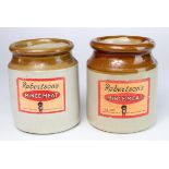 Two Robertson's Mincemeat pottery jars, good condition labels with Gollies on them