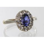 9ct sapphire and diamond cluster ring, finger size L, weight 2.1g
