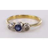 Yellow Metal (tests 18ct Gold) Sapphire and Diamond Ring size K weight 2.2g