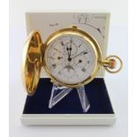 Gents 18ct gold full hunter moon phase repeater pocket watch, the white enamel dial with Roman