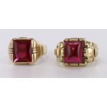 Two large Gents Rings both stamped 10k and set with large square non precious Red stones size S