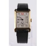 Yellow metal square cased gents wristwatch, circa early to mid 20th Century, Arabic numerals with