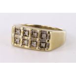 9ct yellow gold signet style ring set with eight diamonds, approx. 0.15ct total, finger size R,