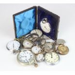 Pocket Watches. A collection of twelve mixed pocket watches, including silver & gold plated examples