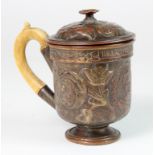 Russian interest. Catherine II copper bratina / pitcher with lid & finial, carved bone handle,