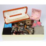 Costume Jewellery. A box of costume jewellery & watches, including rings, brooches, bangles etc.