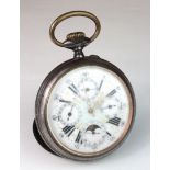 Goliath moonphase pocket watch, white enamel dial with Roman numerals, with four smaller