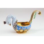 Russian interest. An exquisite silver-gilt cloisonne enamel kovsh, depicting a peacock, bears on the