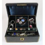 A box of assorted silver and costume jewellery, to include semi precious gemstone rings, cz set