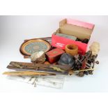 Miscellania. A box of miscellaneous items, including tools, rulers, character jugs, etc