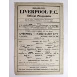 Liverpool v Manchester City rare Football League Cup North Match 2nd Rnd 1st Leg. Single sheet