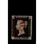 GB 1840 1d Penny Black (C-D) identified as likely Plate 6, 4 margins, no tears thins or creases, red