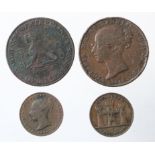 Gibraltar copper (4): 1/2 Quart 1842 F/GF, ditto GF, 2 Quarts VG/F