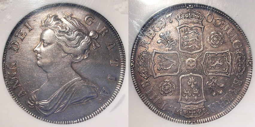 Halfcrown 1706 Qvinto, roses & plumes in angles, Ex Grosvenor Collection, slabbed NGC AU50.