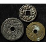 China, cash-style charms: 38mm, 39mm and 47mm; one of which a brothel token.