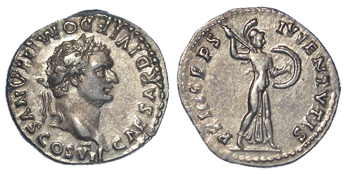 Domitian silver denarius, Rome Mint 80AD (Caesar under Titus); Obverse: CAESAR DIVI F DOMITIANVS COS