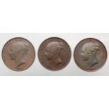 GB Pennies (3) Queen Victoria copper: 1854 PT slightly cleaned nEF, 1858/3 nEF, and 1858/7 aEF