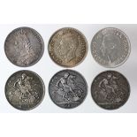 GB Crowns (6): 2x 1821 Secundo GF, 2x 1887 EF and EF scratched, and 2x 1937 toned EF and UNC
