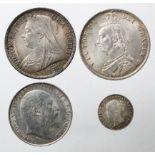 GB Silver (4): Halfcrown 1887 Jubilee GEF, Halfcrown 1897 toned GEF (dark patches rev), Florin